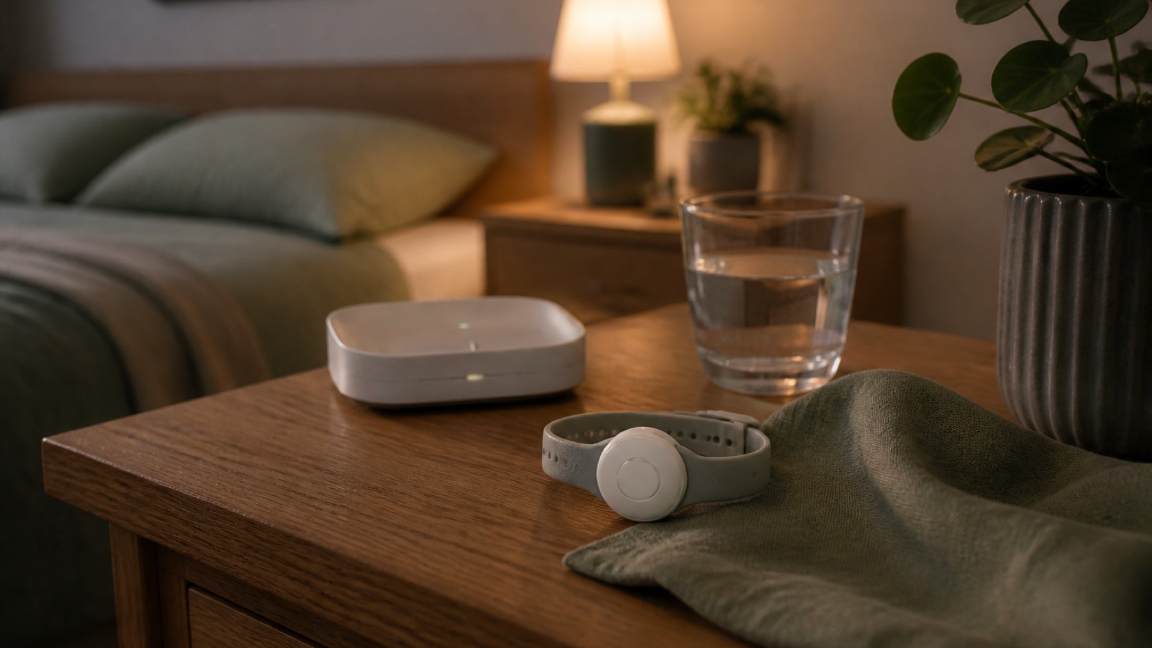 Gekoppelde epilepsiedetector op een nachtkastje