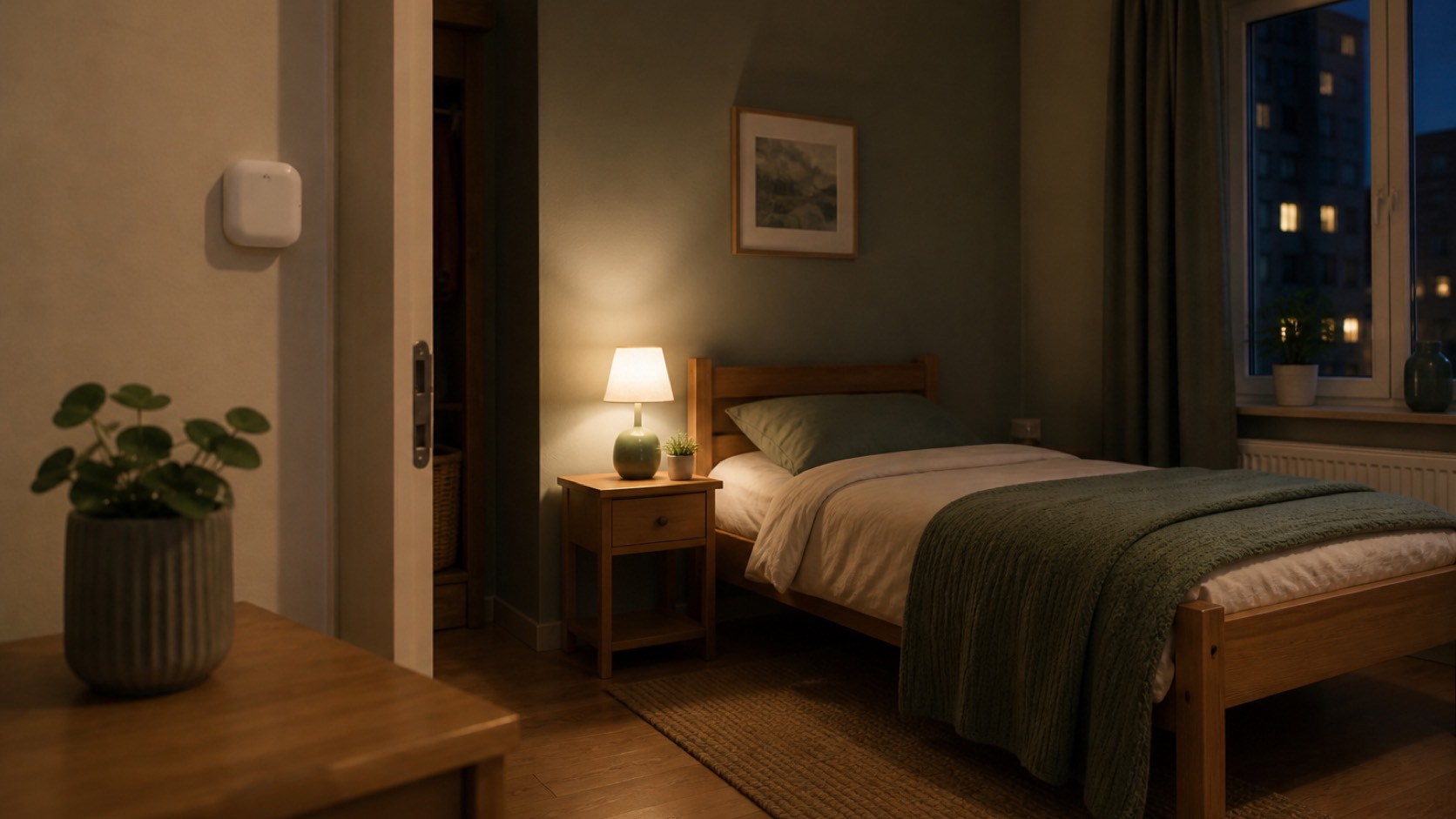 Rustige slaapkamer op de groep, met een discrete sensor bij het bed