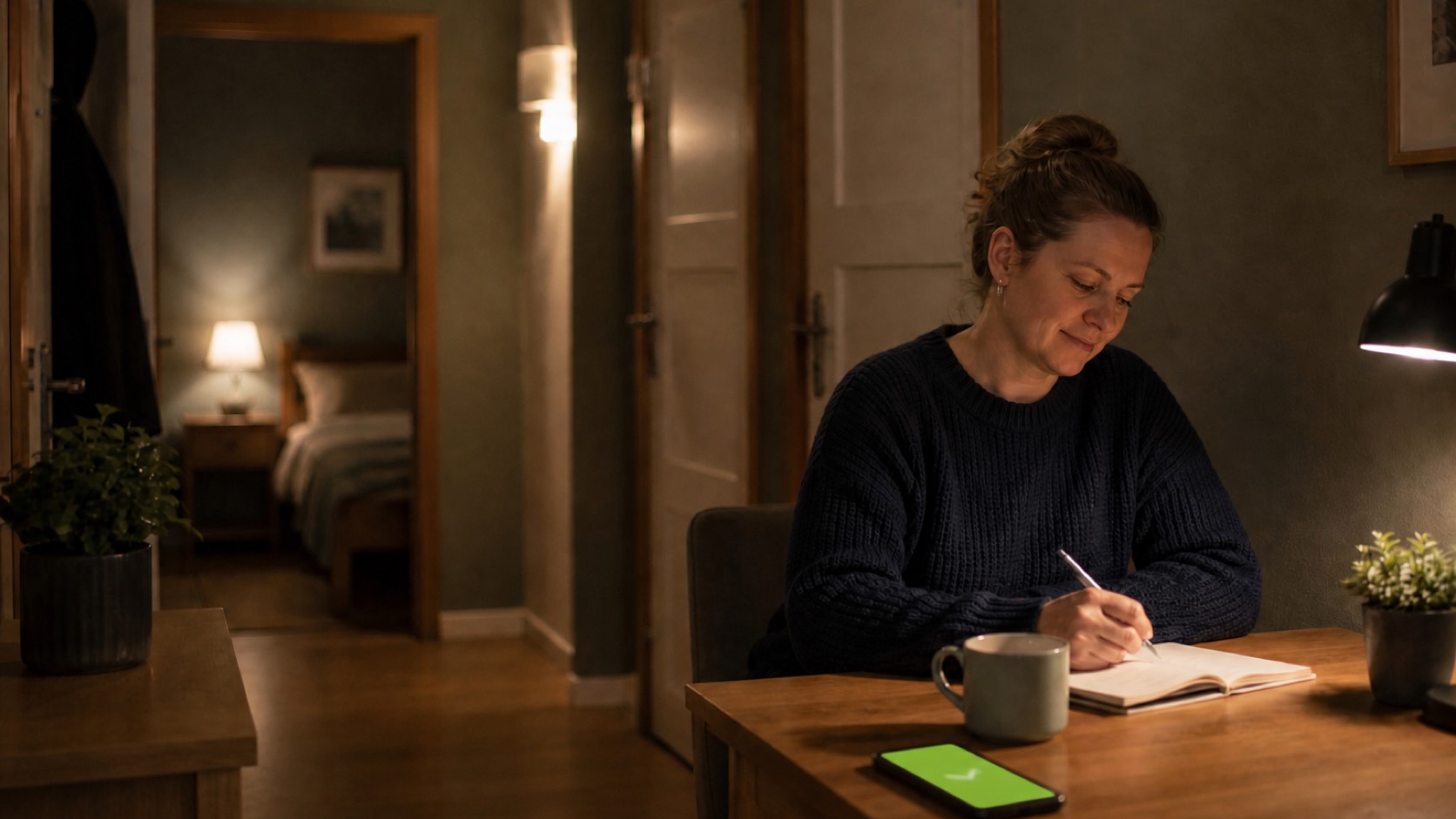 Nachtbeschikbaarheidsdienst bekijkt een groene zorgvraag op de telefoon, zonder uitluisteren