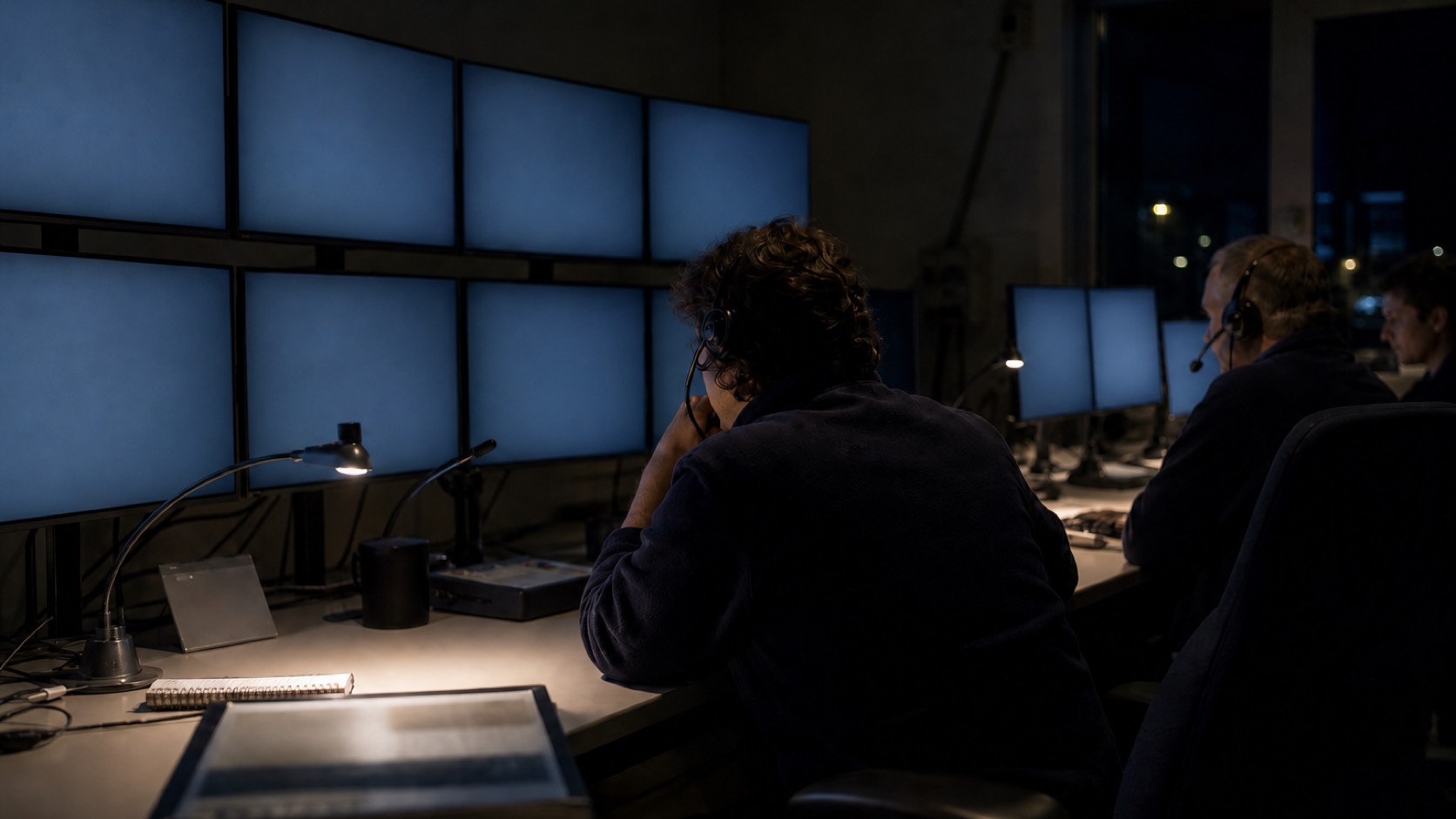 Oude nachtdienst: bemande meldkamer met schermen en headsets