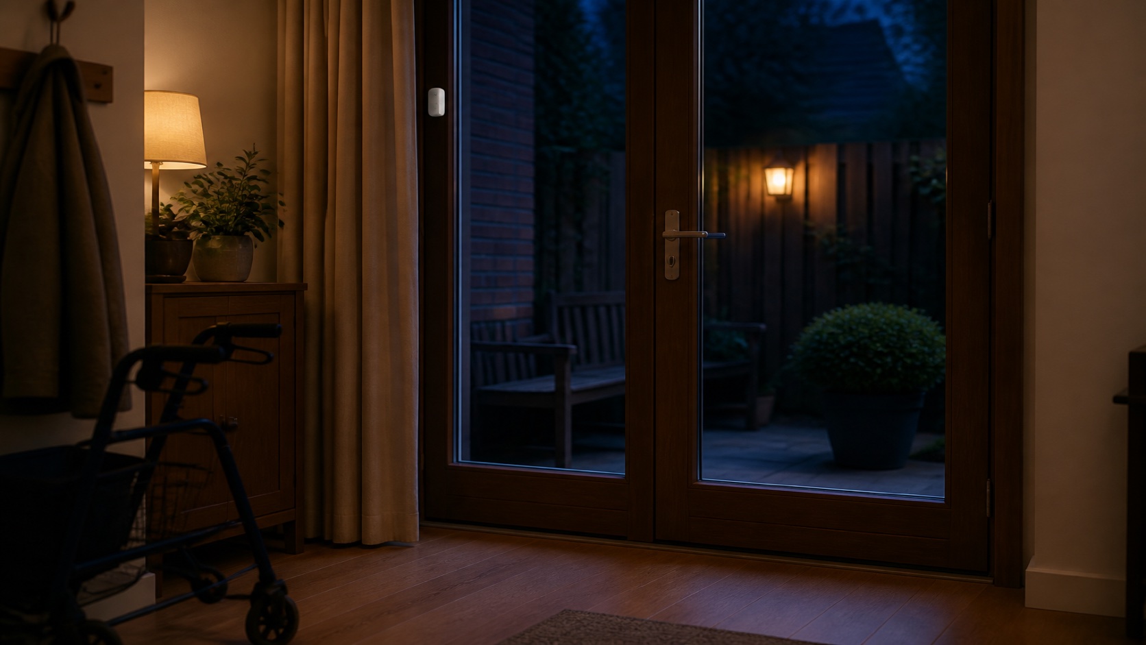 Tuindeur in de nacht, rollator ernaast, discrete sensor op het kozijn