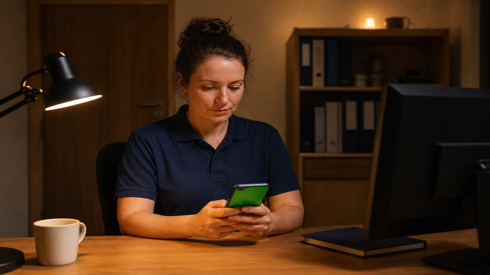 Nachtdienst werkt in het nachtkantoor met een groene zorgvraag op de telefoon