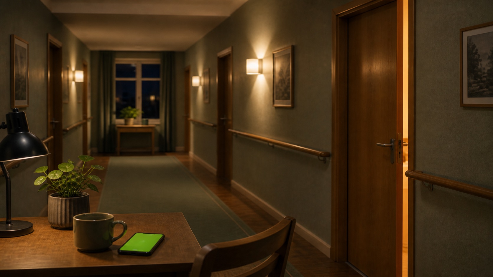 Onbemande nachtdesk in een stille zorggang